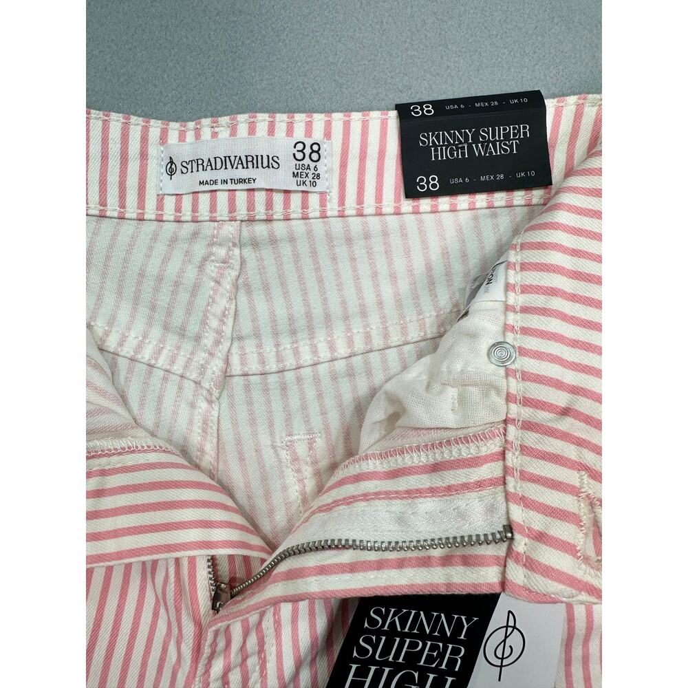 NWT Stradivarius Skinny Super High Waist Pink White Pinstripe Jeans Size 6 - Picture 6 of 13